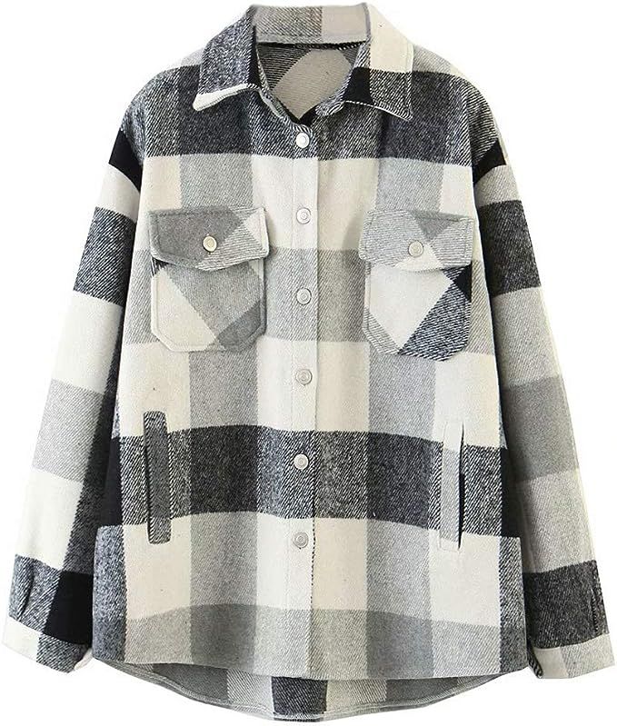 Women's Long Sleeve Wool Blend Button Plaid Lapel Pocketed Shacket Shirts Coats Loose Oversize Bl... | Amazon (US)