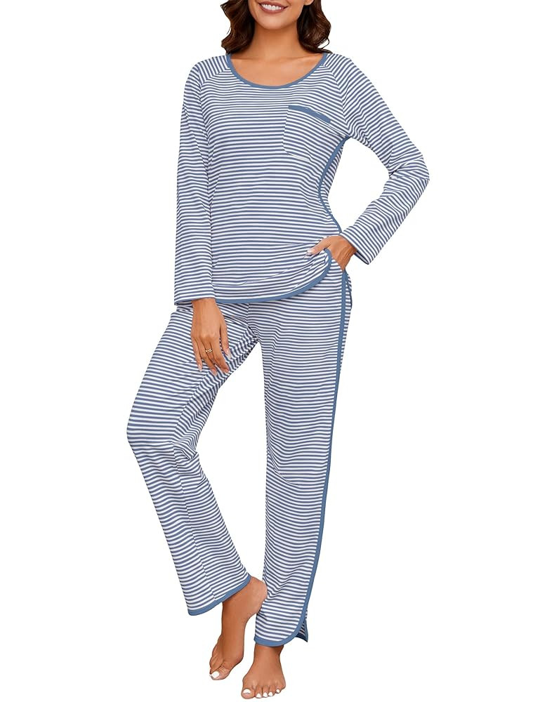 Womens Cotton Pajama Set 2 Piece Lounge Set Stripe Long Sleeve Comfy Pj Set Spring Loungewear Sle... | Amazon (US)