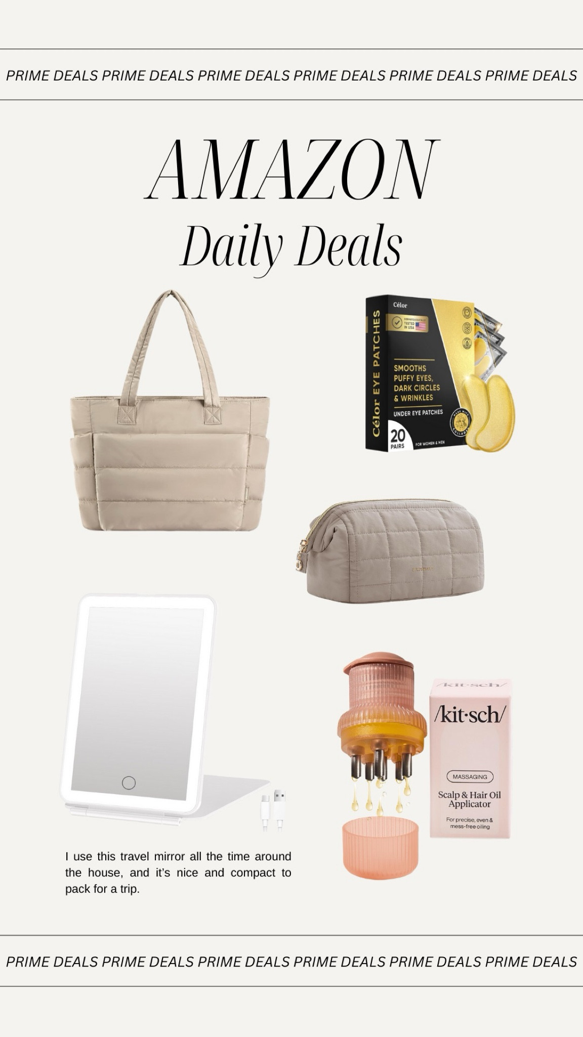 Amazon daily deals, tote bag, makeup bag, eye patches, travel mirror, scalp oil applicator 

#LTKTravel #LTKBeauty #LTKSaleAlert