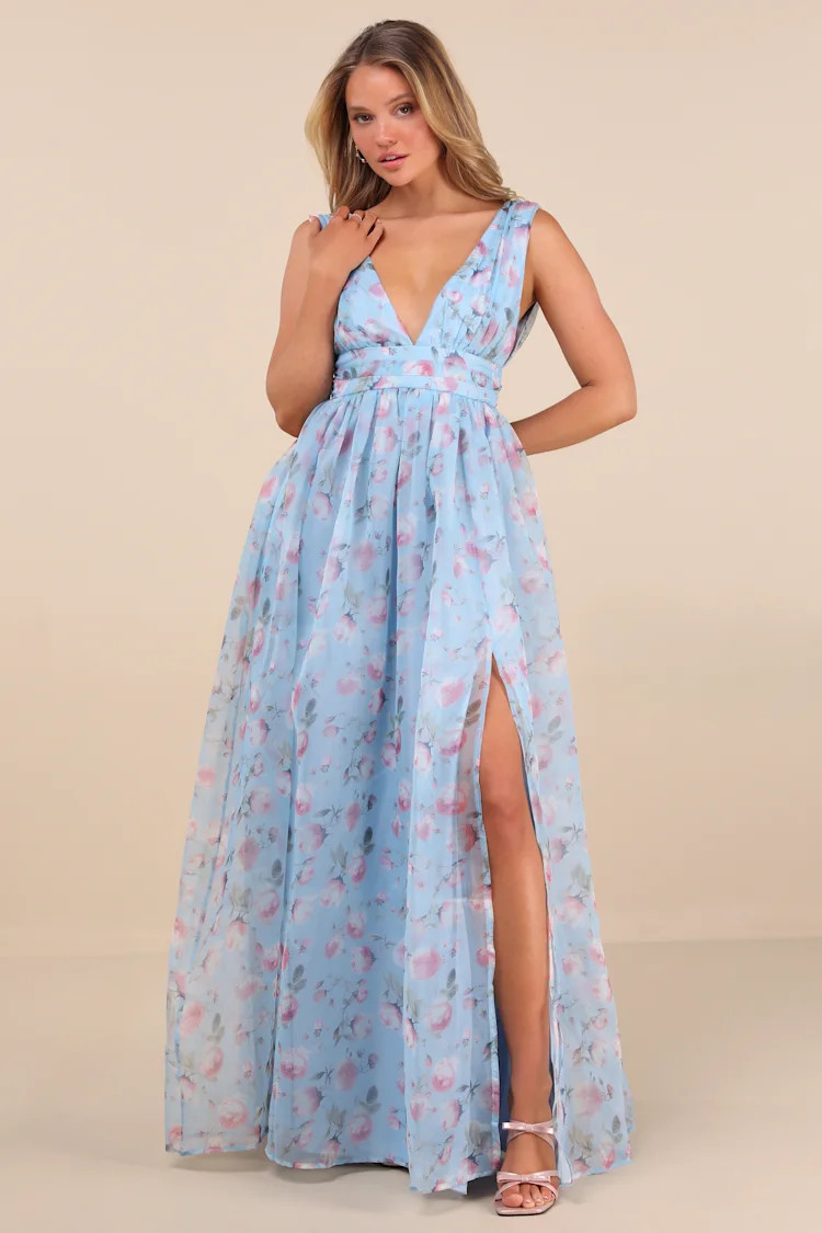 Garden Romance Light Blue Floral Print Organza Maxi Dress | Lulus