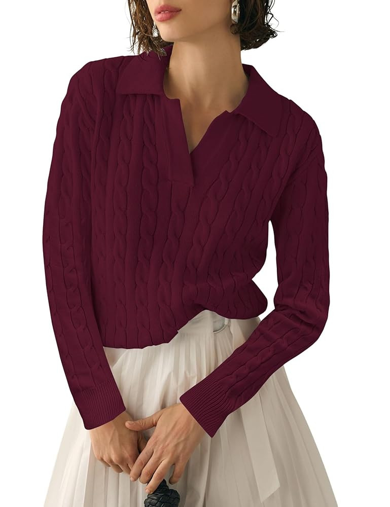 Micoson Womens Fall Long Sleeve Sweaters Lapel V Neck Cable Knitted Pullover Casual Soft Jumper T... | Amazon (US)