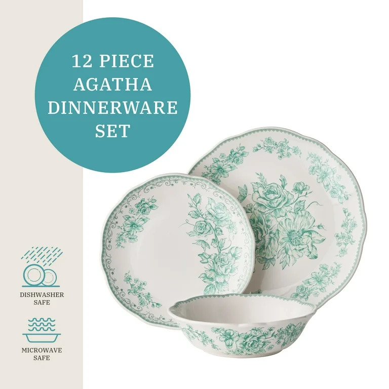 The Pioneer Woman Agatha 12-Piece Stoneware Dinnerware Set, Green | Walmart (US)
