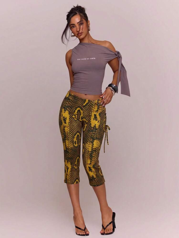 MUSERA Asymmetric Dipped Front Cut Out Lace Up Animal Print Fitted Capri Pants Cute Sexy Holiday ... | SHEIN