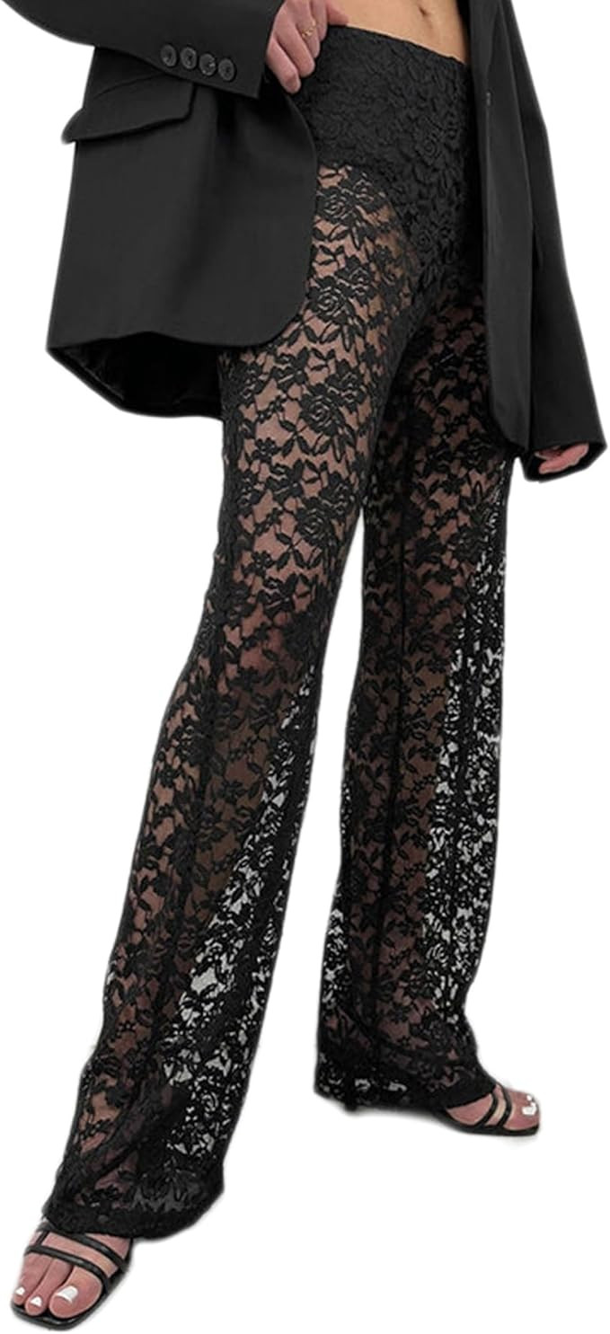 Women's Sexy See Through Lace Pants Transparent Sheer Mesh Straight Leg Pants Hollow Out Slim Tro... | Amazon (US)