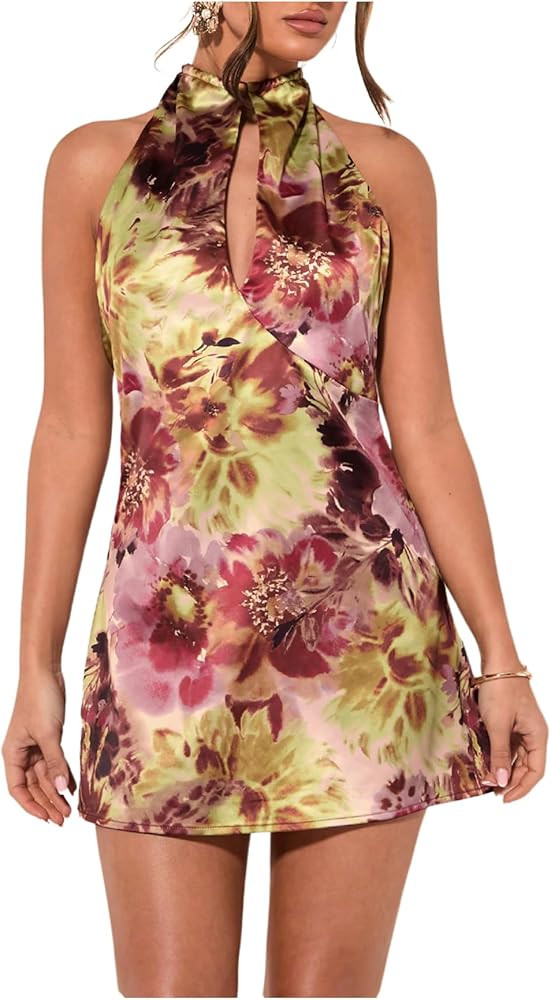 SOLY HUX Women's Floral Print Tie Backless Halter Dress Cut Out Sleeveless Elegant Mini Dresses | Amazon (US)