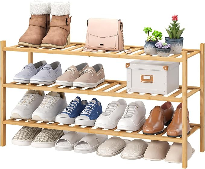viewcare 3-Tier Long Shoe Rack, Bamboo Wood Shoe Rack for Closet, Entryway & Hallway, Stackable |... | Amazon (US)