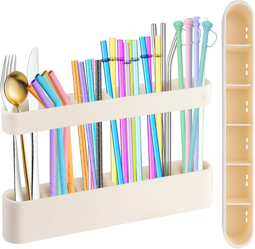 9.6'' Large Straw Holder for Cabinet Door, Soft Silicone Straw Organizer Storage Container, Space... | Amazon (US)