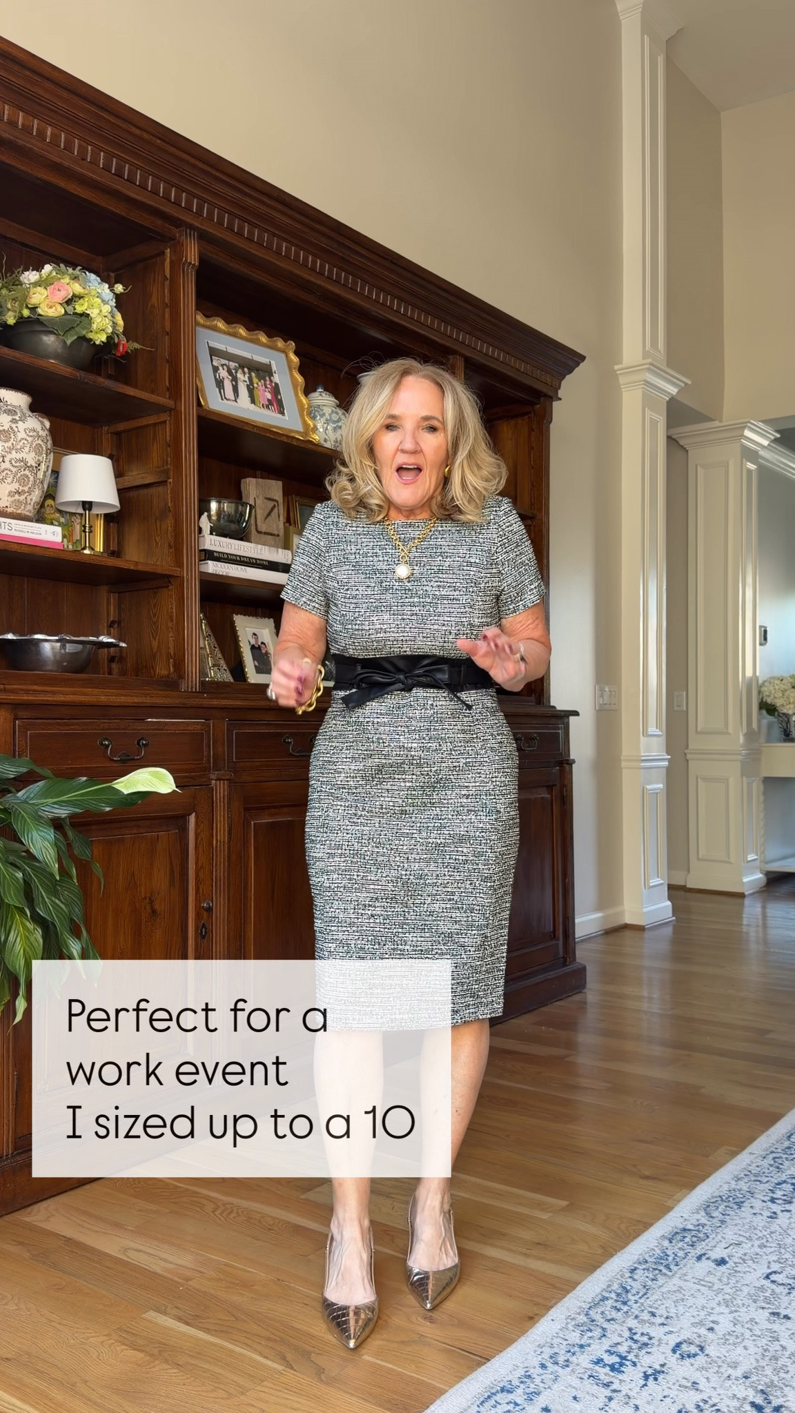 Size up one on this Calvin Klein boucle knit dress. Belt is built in 

Office dress fall dress work event work conference