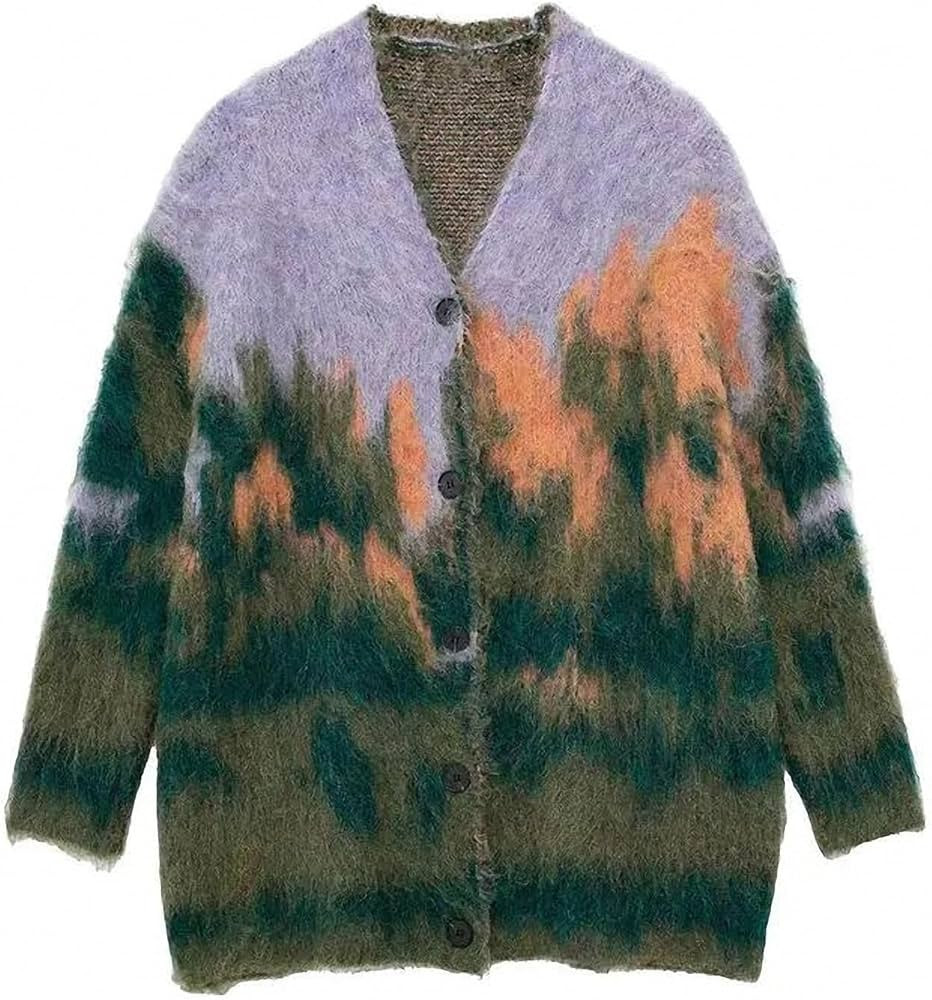 Women Contrast Color Gradient Landscape Paint Printed Fluffy Cardigan Sweater V-Neck Single Breas... | Amazon (US)