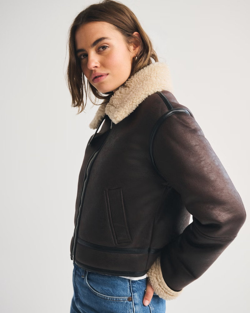Short Vegan Leather Shearling Coat | Abercrombie & Fitch (US)
