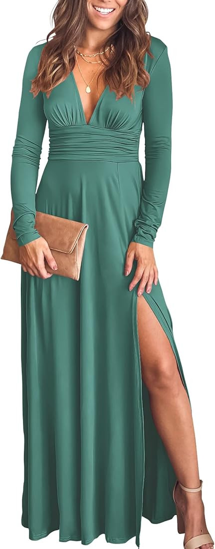 ANRABESS Women's Deep V Neck Short Sleeve Long Dresses Pleated High Waist Slit Club Party Evening Ma | Amazon (US)