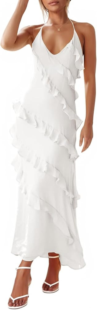 Wenrine Womens Sexy Chiffon Halter Maxi Dress Sleeveless Backless Ruffle Tassel Party Club Dresse... | Amazon (US)