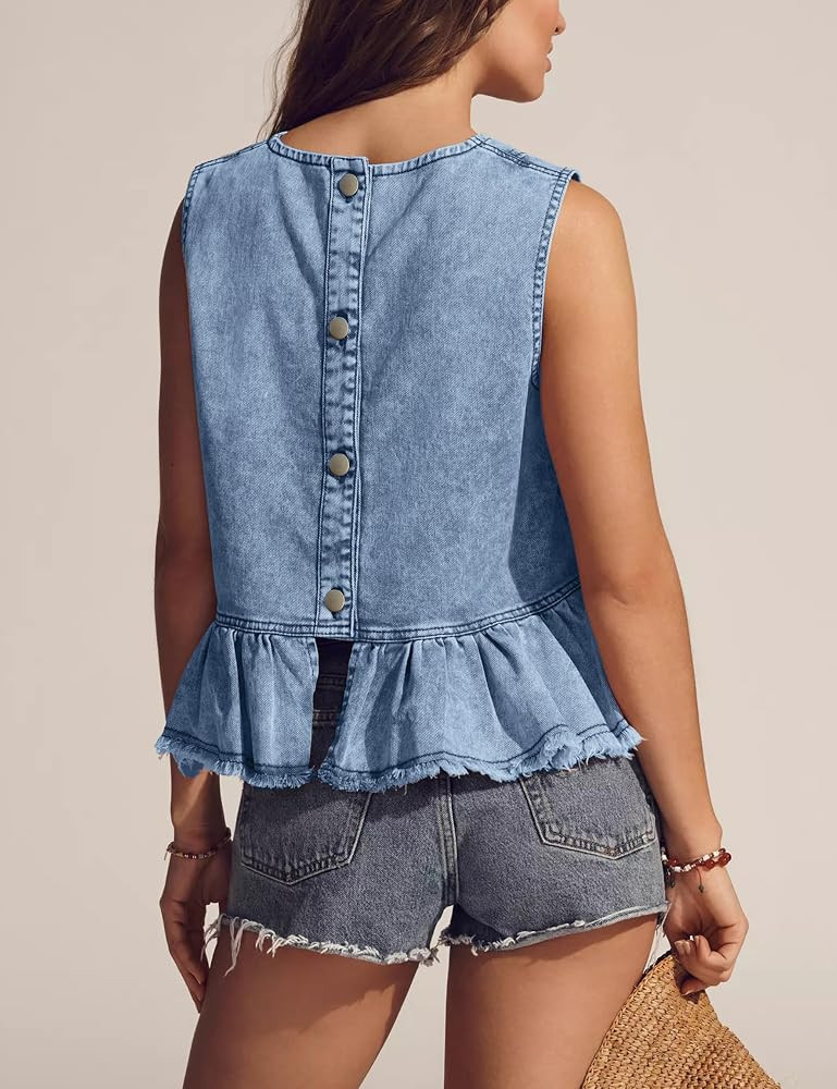 Huaqiao Womens Summer Sleeveless Denim Tops Button Back Crew Neck Jean Vest Cute Swing Ruffle Hem... | Amazon (US)