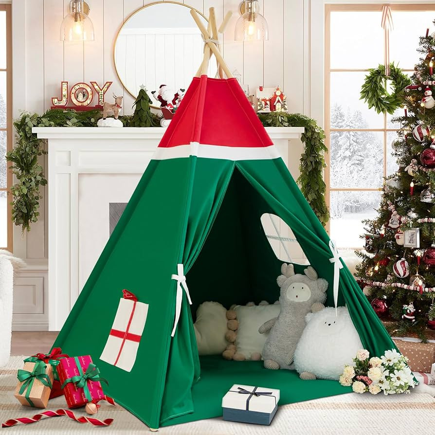 Christmas Tent for Kids with Padded Mat Cotton Canvas Teepee Tent Indoor for Toddlers Kids Play T... | Amazon (US)