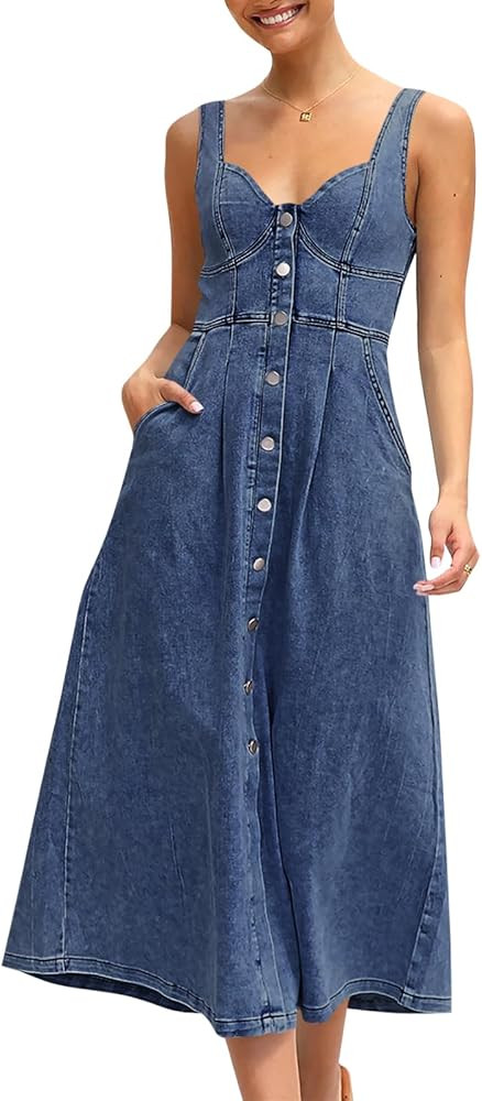 Fisoew Women’s Summer Denim Long Dress Button Down Sleeveless A Line Tank Jean Maxi Dress with ... | Amazon (US)