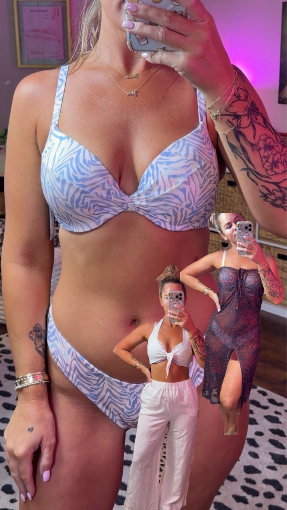 32 DD in top and I sized up to a large in bottoms. White set I I’m in a small in both and the cheetah skirt you can wear like this or a skirt I’m in a medium 👙
