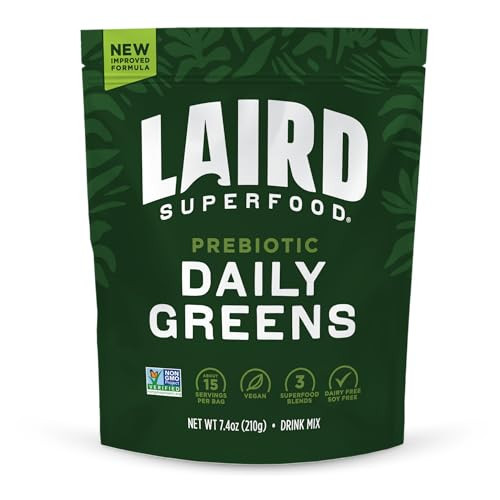 Laird Superfood Prebiotic Daily Greens Powder – Essential Vitamins & Minerals - Prebiotic Fiber, Adaptogen and Fruits & Vegetables – Supports Gut Health – Non-GMO, Vegan - 7.4 oz Bag, Pack of 1 | Amazon (US)