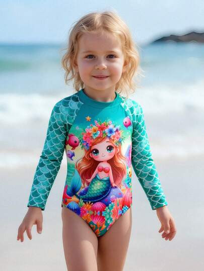 Young Girl' Cute Mermaid Printed Long Sleeve One-Piece Swimsuit | SHEIN