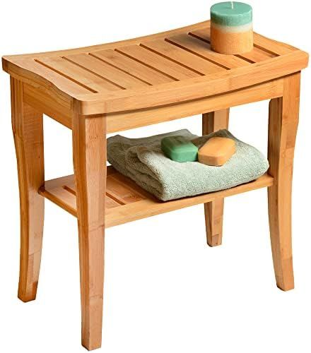 Bamboo Shower Bench Spa Stool - Wood 2-Tier Seat, Foot Rest Shaving Stool with Non-Slip Feet + St... | Amazon (US)