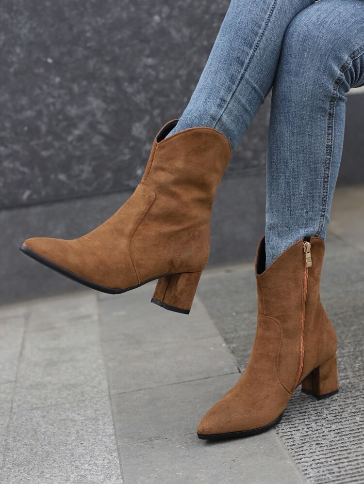 Side Zip Point Toe Chunky Heeled Suedette Boots | SHEIN