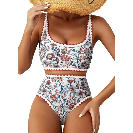 SHEWIN Women s Bikini Sets Floral Print Whip Stitch 2 Piece Swimsuits High Waisted Scoop Bathing Suits | Walmart (US)