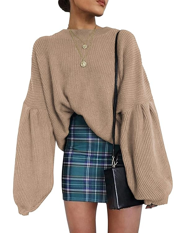 PRETTYGARDEN Women's Oversize Sweaters Loose Drop Shoulder Lantern Sleeve Round Neck Fashion Pull... | Amazon (US)