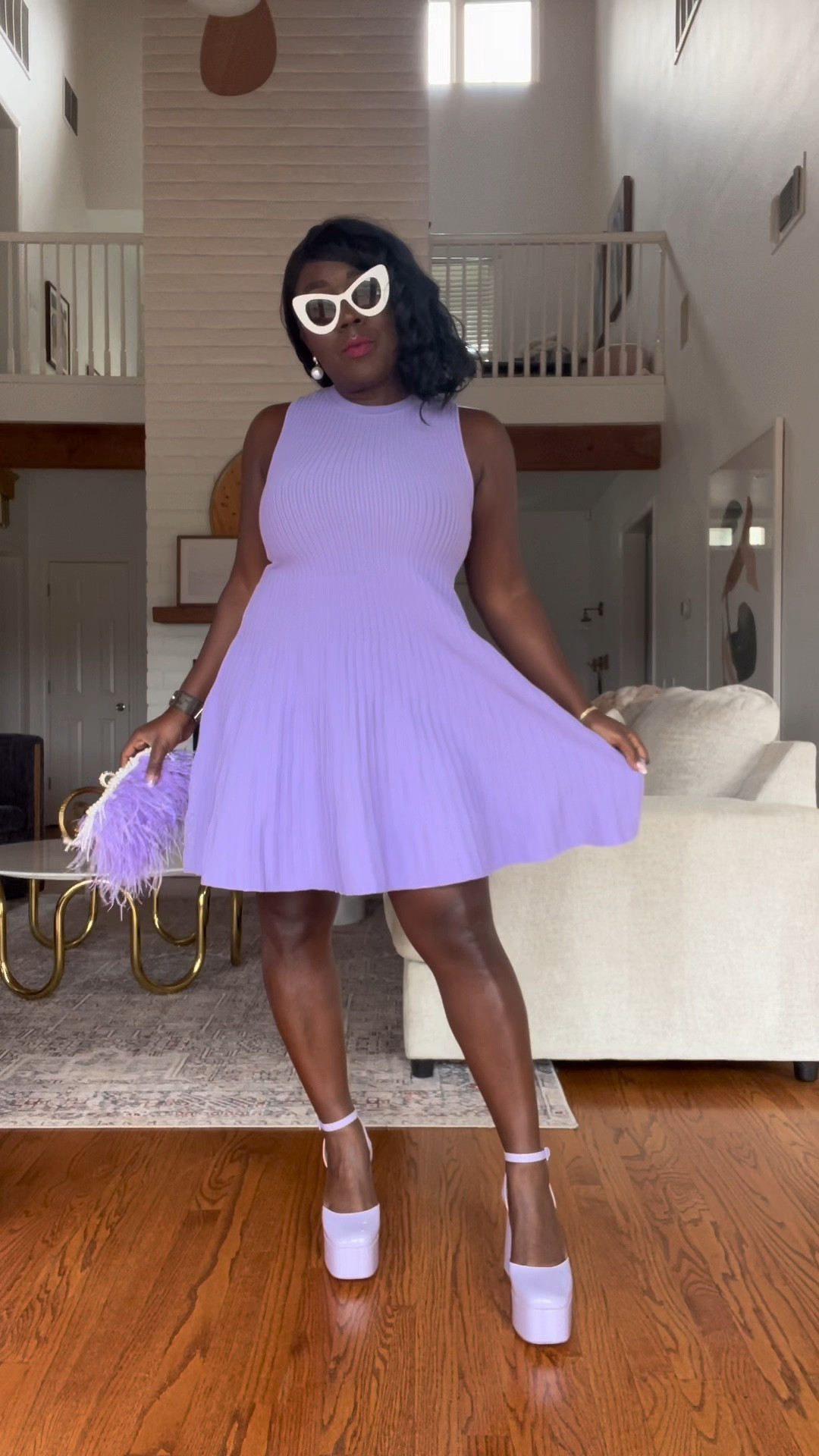 Loving this pop of purple for Spring!! Found this incredible dress at Walmart! Matched my platform heels perfectly!! Threw it together with my Amazon feather clutch, Free People sunnies and Amazon pearl earrings!

#LTKstyletip #LTKVideo #LTKitbag