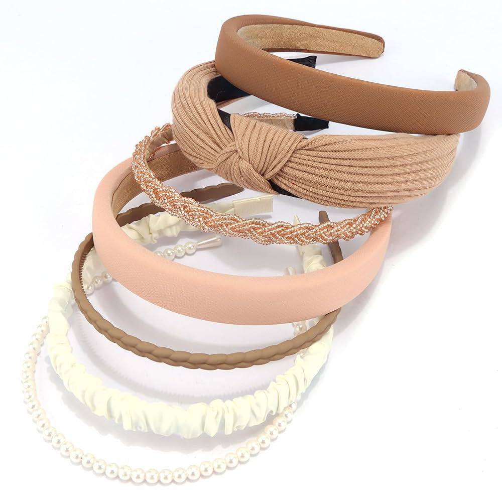 VELSCRUN 7 Pcs Different Headbands for Women Fashion Brown Knotted Solid Head Bands Pearl Headban... | Amazon (US)