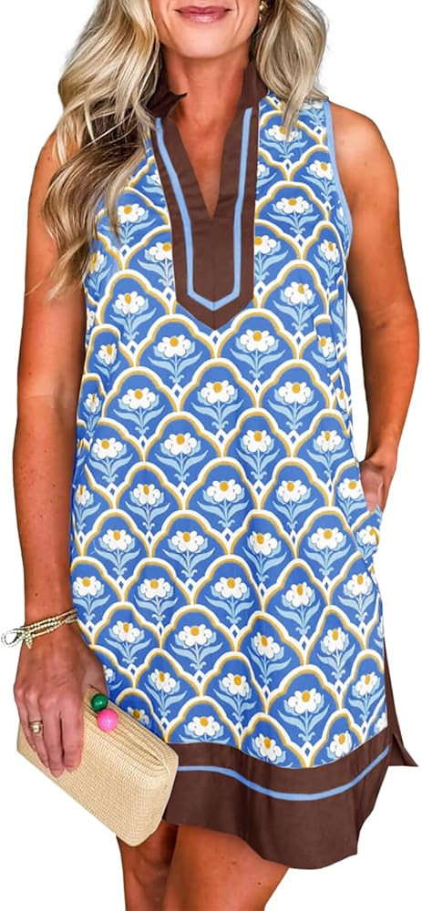 Cicy Bell Womens Summer Floral Print Mini Dress V Neck Sleeveless Color Block Boho Dresses Casual... | Amazon (US)