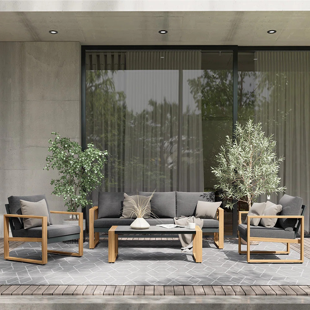 Berau Arunas 5-Person Aluminum Outdoor Conversation Set with Wood-Grain Finish & Weather-Resistan... | Wayfair North America