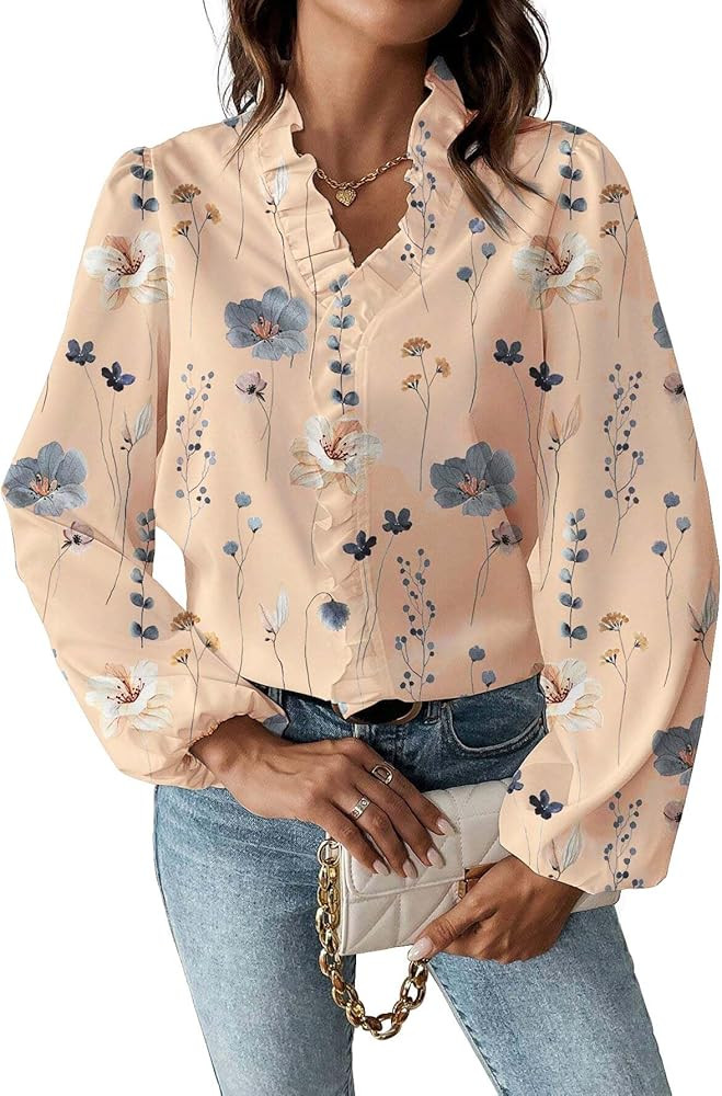 Women's Casual Floral Print V Neck Long Sleeve Puff Sleeves Blouses with Notched Collar Ladies To... | Amazon (US)