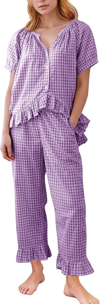 Flygo Womens Plaid 2 Piece Pajamas Sets Gingham Button Down Puff Sleeve Babydoll Shirt Ruffle Pan... | Amazon (US)