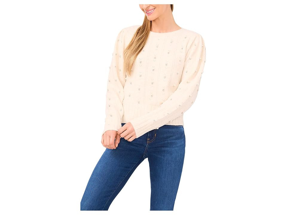 CeCe Pearl Embellished Pointelle Sweater Women's Sweater Buttercream : MD, Polyester/Spandex | Zappos
