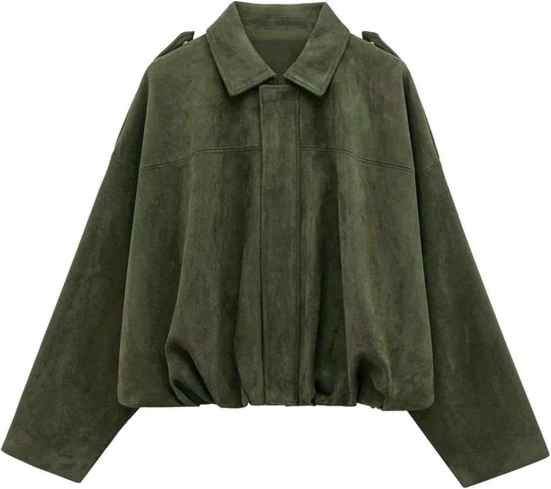 Women's Cropped Faux Suede Bomber Jacket Fall Casual Oversized Shacket Coat Long Sleeve Trendy Ou... | Amazon (US)