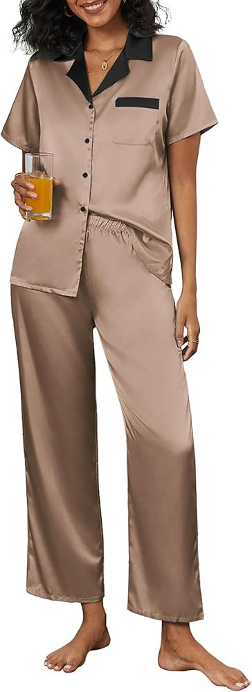 Ekouaer Satin Pajamas Set for Women Silk Button Down Sleepwear Short Sleeve Loungewear 2 Pieces N... | Amazon (US)