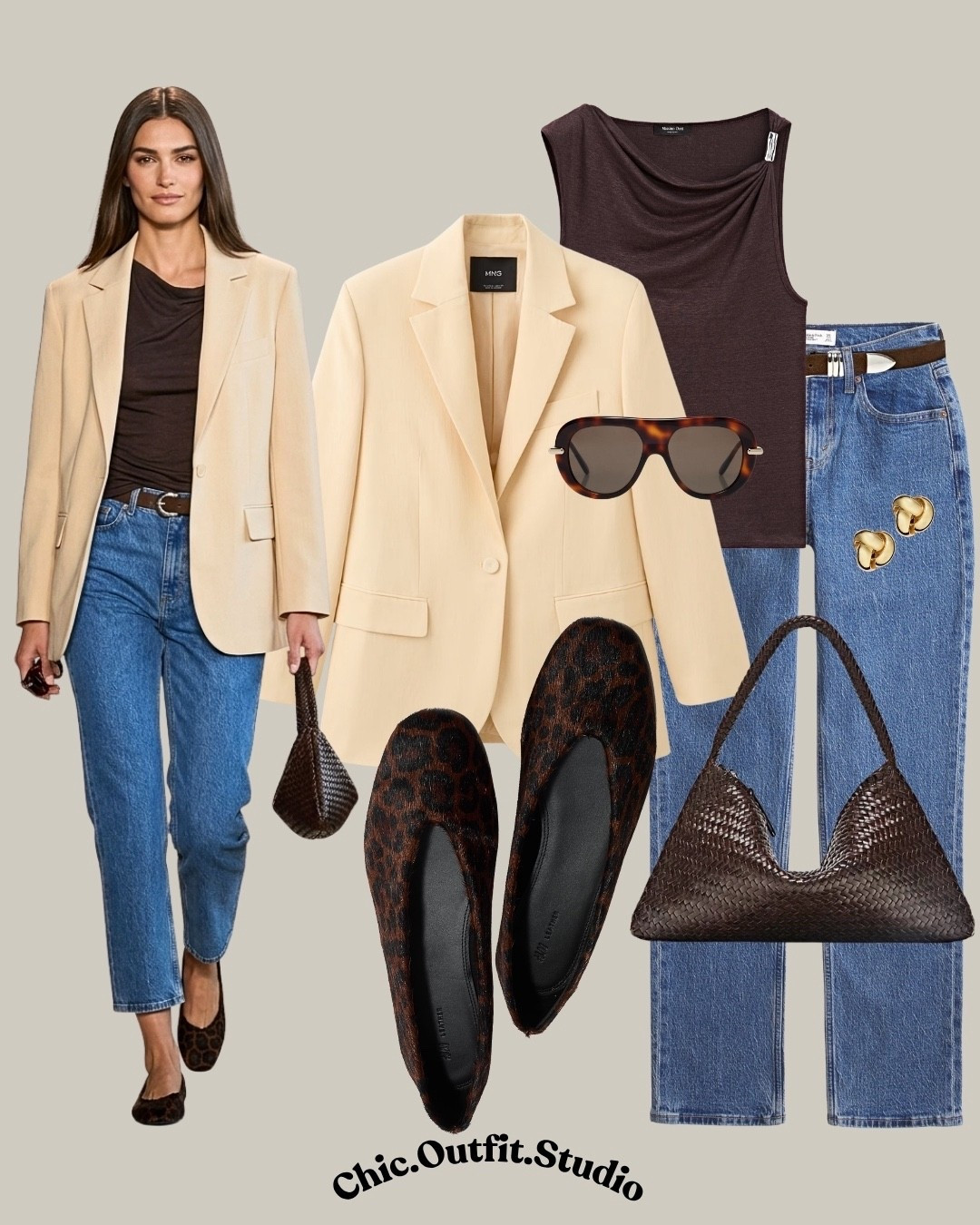 Yellow linen blazer, brown tank top and blue jeans smfor a chic afternoon with the girls. Add leopard ballet flats for an elevated look. Perfect for a brunch with the girls.

#LTKjeans #LTKspring #LTKshoes