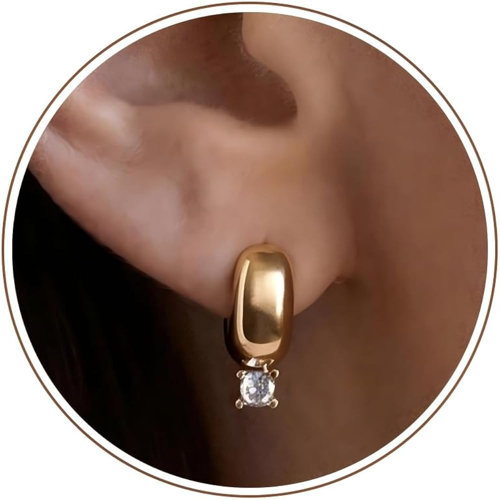 Chunky Thick Gold Huggie Hoop Earrings Cubic Zirconia Dangle Drop Earring for Women | Amazon (US)