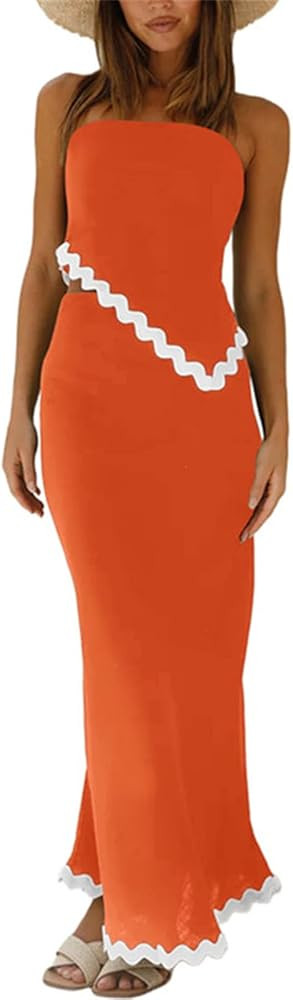 ECHOINE Women's Summer 2 Piece Beach Outfit Casual Sleeveless Cropped Tube Top High Waisted Maxi ... | Amazon (US)