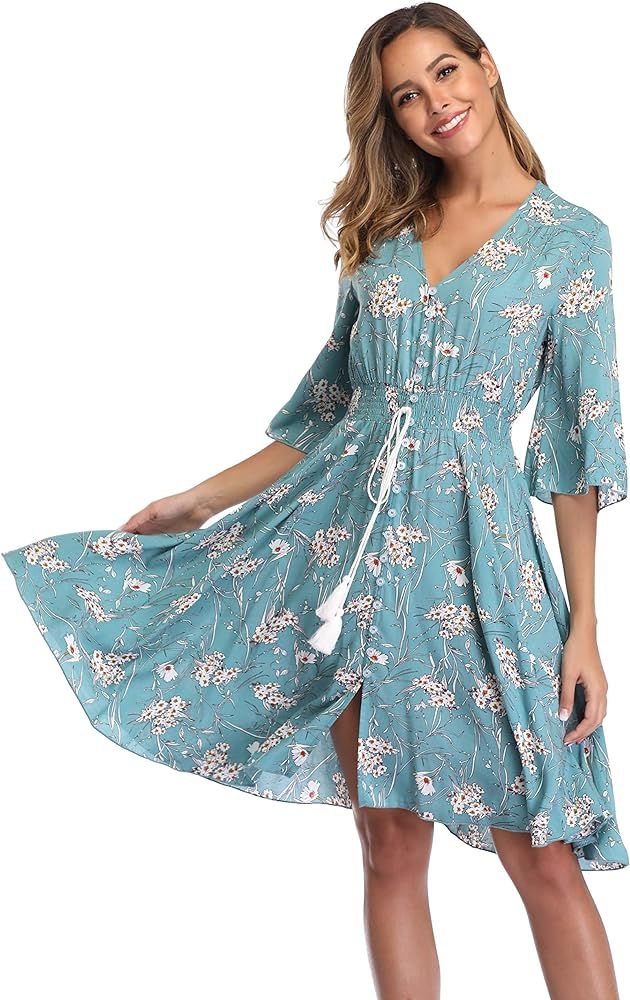 VintageClothing Women's Floral Sundresses Flowy Boho Summer Beach Dress Button Up | Amazon (US)