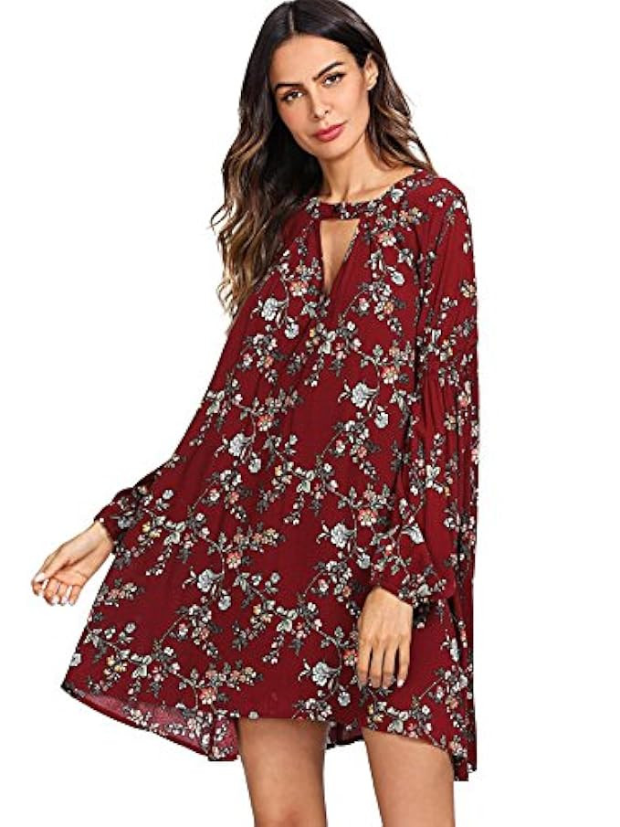 Milumia Women's Bohemian Long Sleeve Floral Print Short Mini Tunic Dress | Amazon (US)