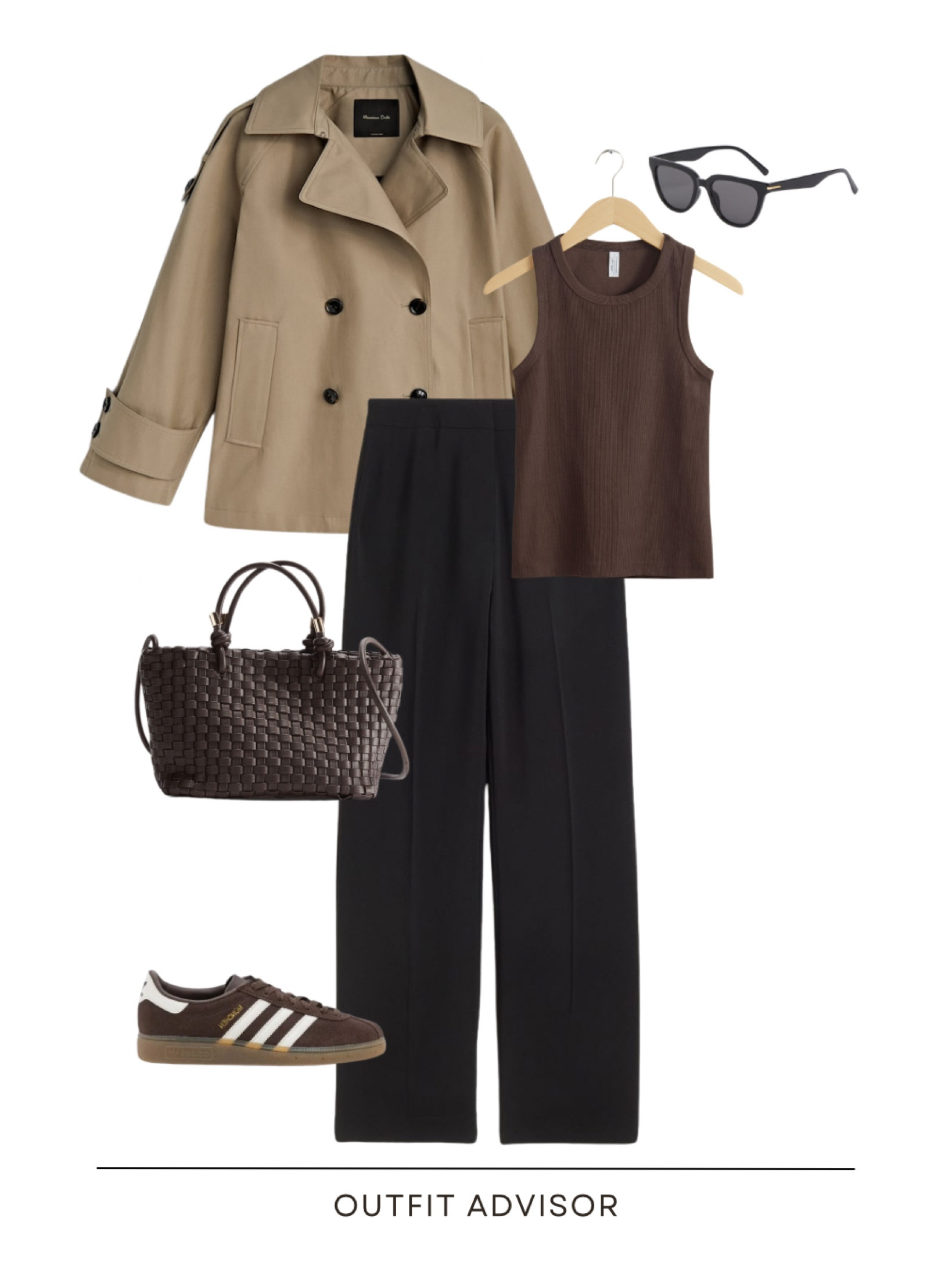 Casual spring outfit: a crop trench coat, brown tank top, black trousers, brown adidas sneakers, sunglasses and a braided bag

#LTKitbag #LTKmidsize #LTKstyletip