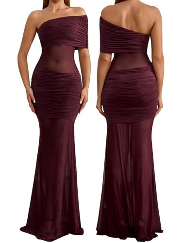 VKIHOC Off Shoulder Bodycon Formal Wedding Guest Maxi Dress Mesh Patchwork Cocktail Dresses for Women 2025 Elegant Classy Wine | Amazon (US)