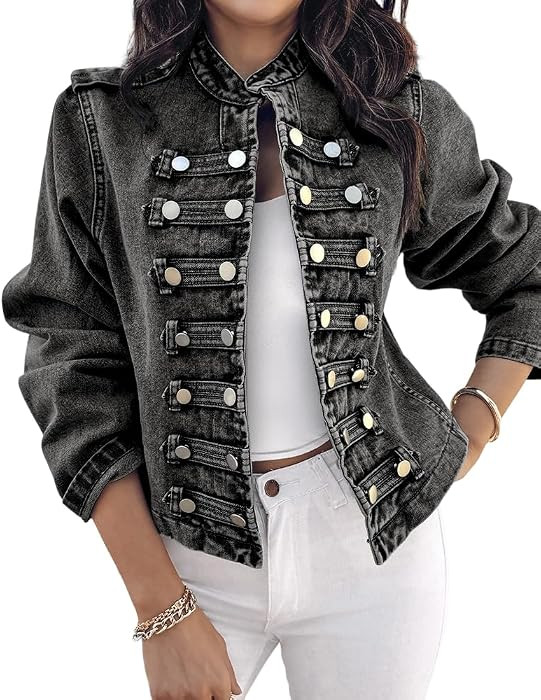 CHICME Women's Military Denim Jacket Long Sleeve Jeans Jacket | Amazon (US)