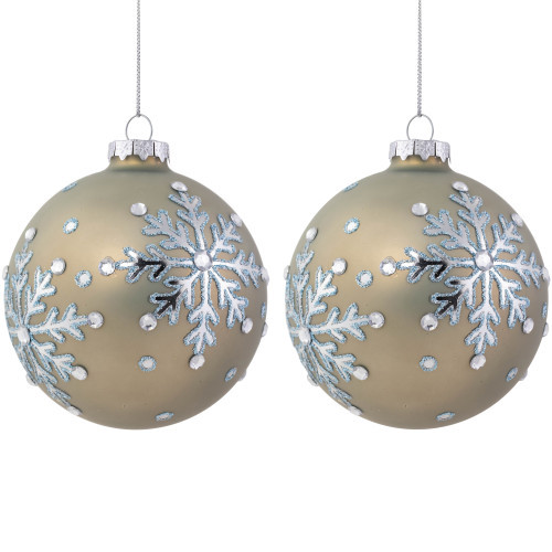 Mirrored Snowflakes Christmas Glass Ball Ornaments - 4"- Pale Gold - Set of 2 | Christmas Central