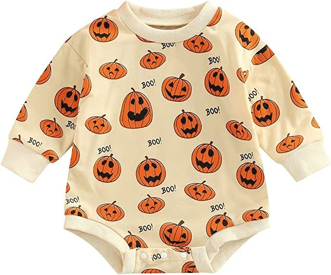 Halloween Baby Girl Boy Clothes Pumpkin Romper Crewneck Sweatshirt Long Sleeve Bodysuit Top Fall ... | Amazon (US)