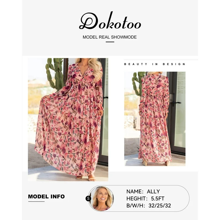 Dokotoo Women's Red Floral Maxi Dresses Casual Deep V Neck Long Sleeve Evening Dress Cocktail Par... | Walmart (US)