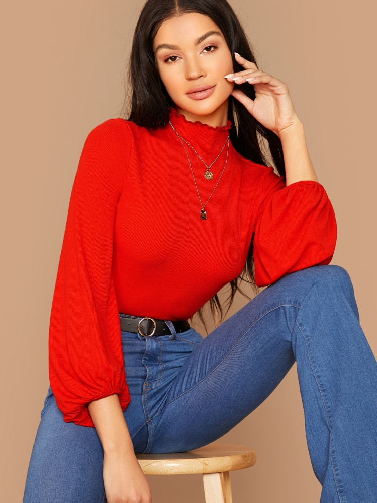 SHEIN Stand Collar Lantern Sleeve Rib-knit Tee | SHEIN