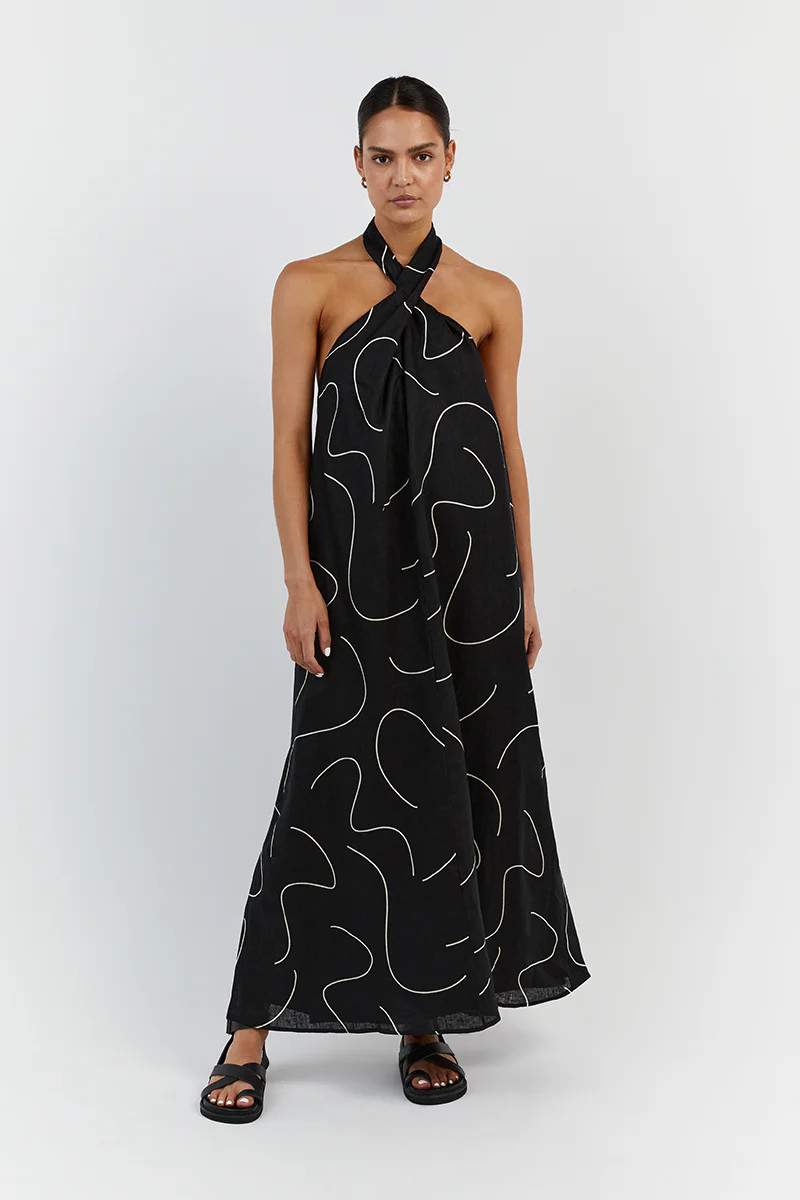 LUNA BLACK LINEN HALTER MIDI DRESS | DISSH