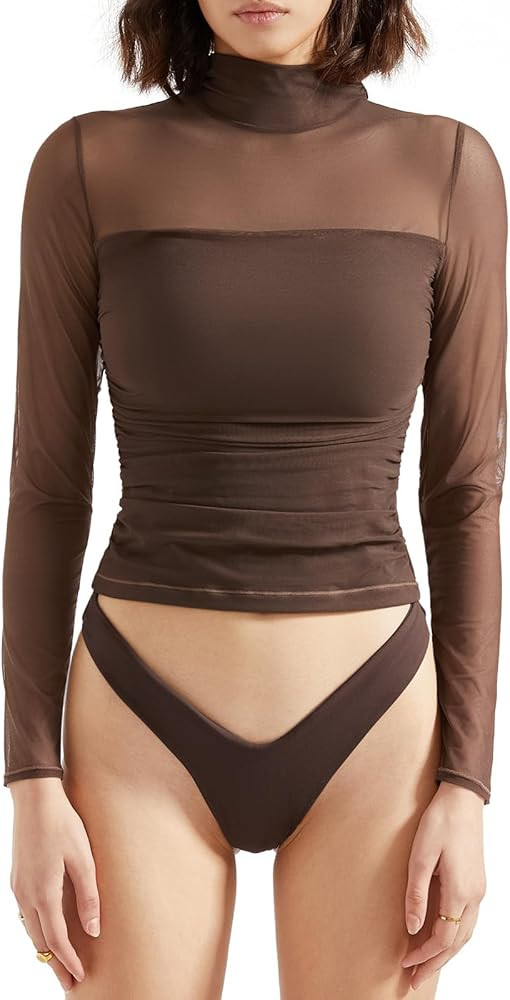 SUUKSESS Women Double Line Mesh Sheer Crop Tank Tops Mock Neck Long Sleeve Shirts | Amazon (US)