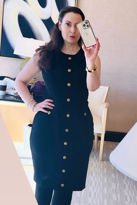 My new favorite work dress from WHBM. It’s perfect day to evening black dress. The dress  is a thick ponte material and is also lined. The gold buttons down the front are decoration only. Style this chic dress with a black blazer and gold accessories. 

#LTKworkwear #LTKover40